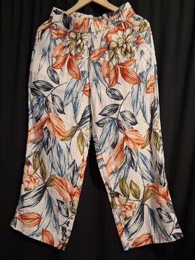 C&C California Linen Pants in White with Blue, Orange and Green Leaf Print
